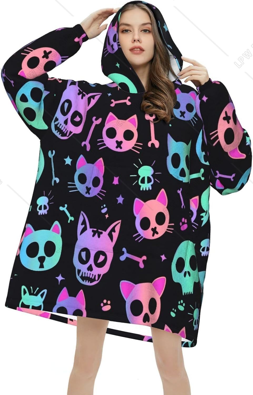 Sherpa Hoodie Fleece - Selimut Hoodie Berbentuk Tengkorak Kucing, Selimut