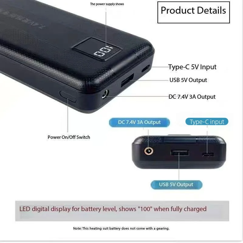 Heated Vest Battery - Power Bank Kapasitas Besar Baru 7.4V/3A/16000mAh/20000mAh